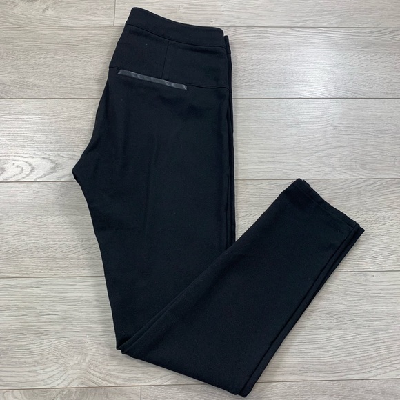 PAIGE Black Rosalind Ponte Knit Stretch Pants w/ Faux Leather Trim Pockets - Picture 4 of 12